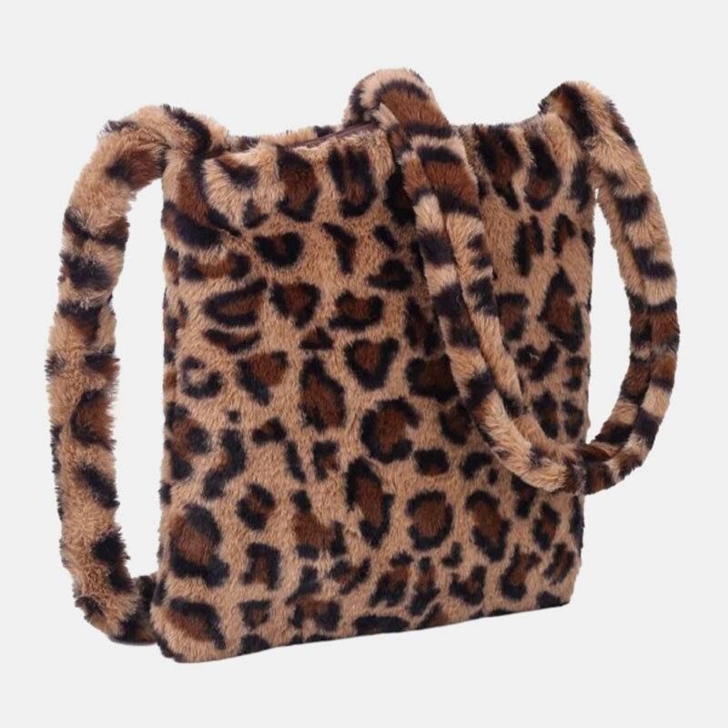 Damska Filcowa Miękka Leopard Wzór Śliczna Codzienna Torba Na Ramię Z Osobowością Crossbody