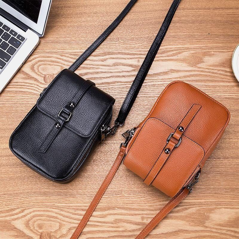 Damska Skórzana Na Co Dzień Retro Wielowarstwowa Otwór Na Słuchawki 6.5-Calowa Torba Na Telefon Crossbody Bag