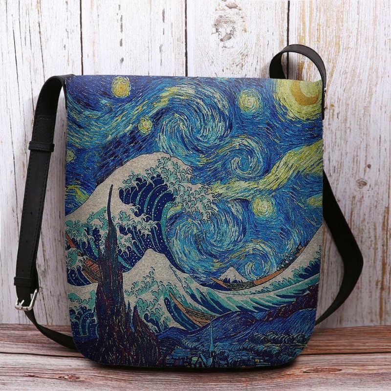 Kobiety Czuły Falę Morską Starry Sky Wzór Obraz Olejny Styl Drukuje Torba Na Ramię Crossbody Bag