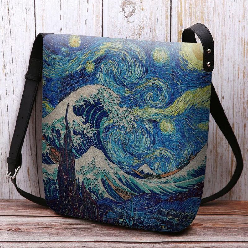 Kobiety Czuły Falę Morską Starry Sky Wzór Obraz Olejny Styl Drukuje Torba Na Ramię Crossbody Bag