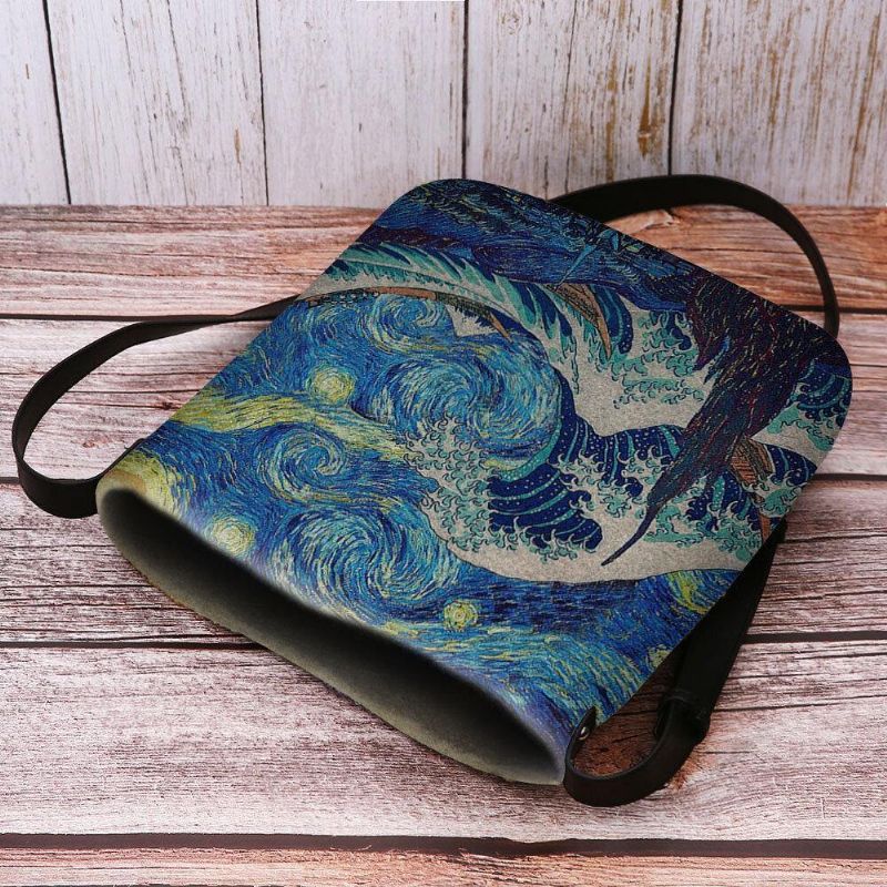 Kobiety Czuły Falę Morską Starry Sky Wzór Obraz Olejny Styl Drukuje Torba Na Ramię Crossbody Bag