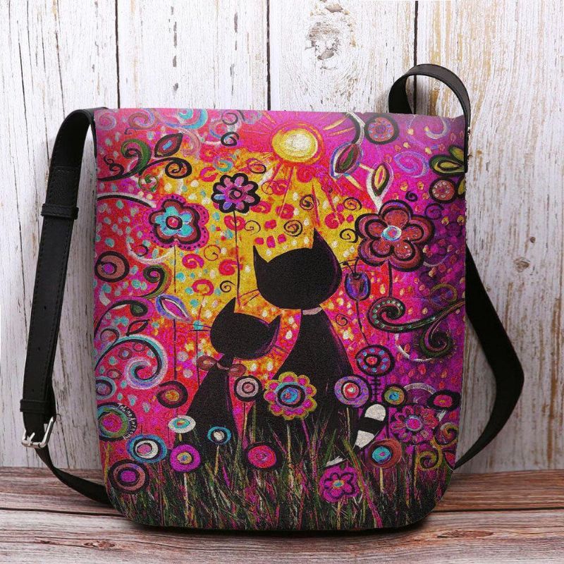 Kobiety Czuły Się Codzienne Cartoon In Love Koty Widok Z Tyłu Kwiatowy Wzór Torba Na Ramię Crossbody