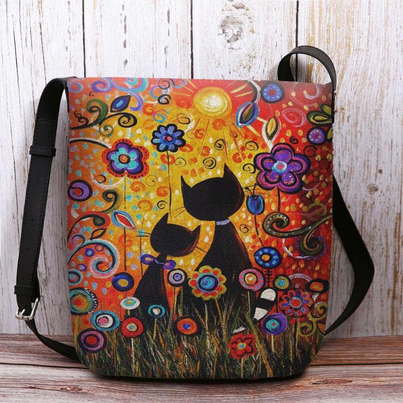 Kobiety Czuły Się Codzienne Cartoon In Love Koty Widok Z Tyłu Kwiatowy Wzór Torba Na Ramię Crossbody