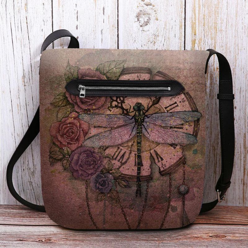 Kobiety Czuły Się Na Co Dzień Vintage 3D Dragonfly Flower Printing Pattern Torba Na Ramię Crossbody