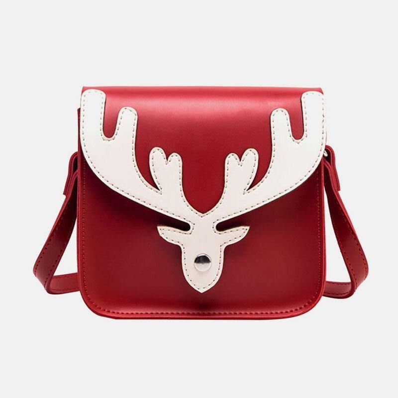 Kobiety Faux Leather Kontrastowy Kolor Christmas Elk Pattern Mała Kwadratowa Torba Torba Na Ramię Crossbody Bag