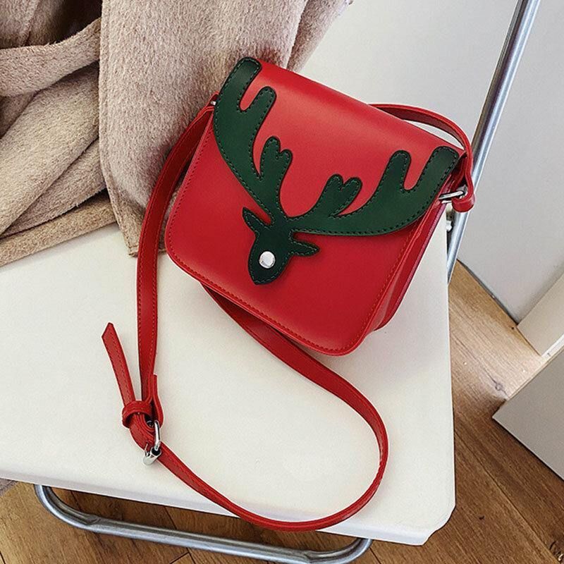 Kobiety Faux Leather Kontrastowy Kolor Christmas Elk Pattern Mała Kwadratowa Torba Torba Na Ramię Crossbody Bag