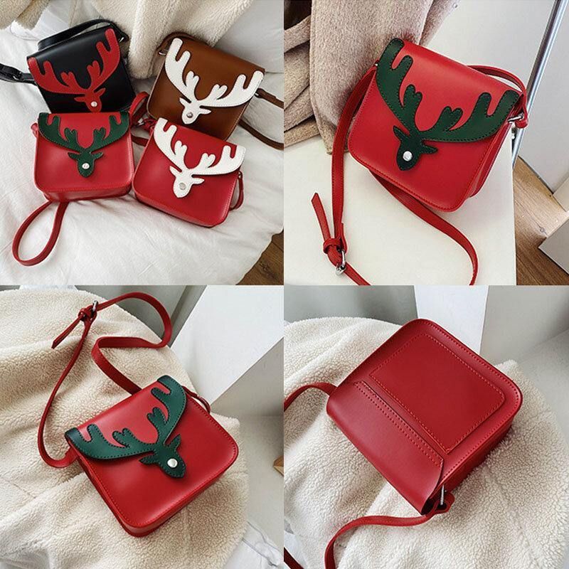 Kobiety Faux Leather Kontrastowy Kolor Christmas Elk Pattern Mała Kwadratowa Torba Torba Na Ramię Crossbody Bag