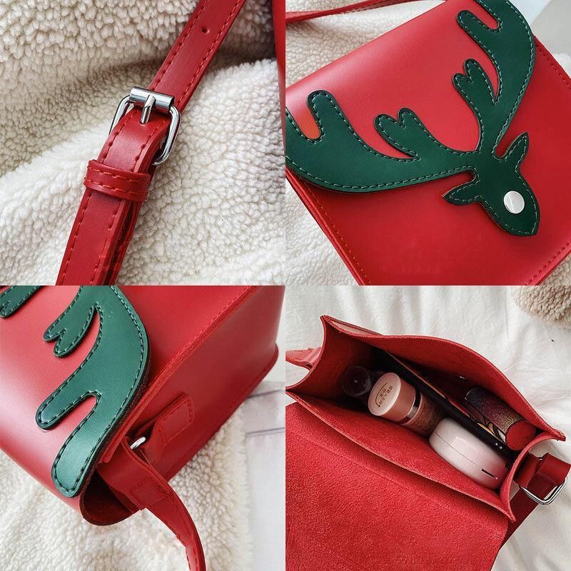 Kobiety Faux Leather Kontrastowy Kolor Christmas Elk Pattern Mała Kwadratowa Torba Torba Na Ramię Crossbody Bag