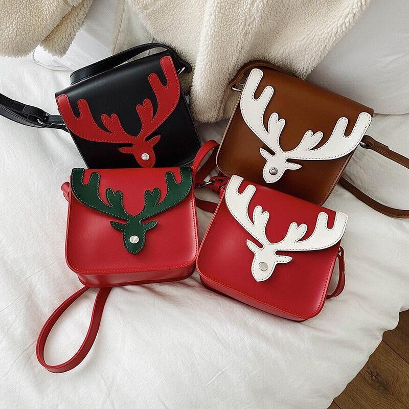 Kobiety Faux Leather Kontrastowy Kolor Christmas Elk Pattern Mała Kwadratowa Torba Torba Na Ramię Crossbody Bag