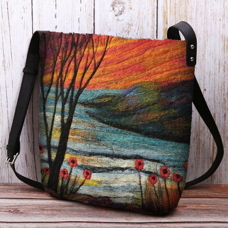 Kobiety Jagnięce Włosy Jesień Naturalna Scena Kolorowa Torba Na Ramię Diy Torba Crossbody