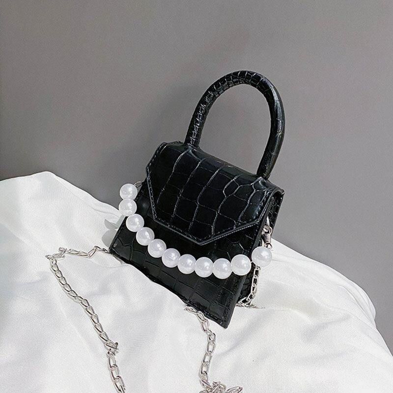 Kobiety Pearls Chain Decor Flap Wytłaczany Wzór Węża Mini Torebka Crossbody Bag Torba Na Ramię