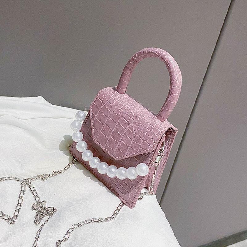 Kobiety Pearls Chain Decor Flap Wytłaczany Wzór Węża Mini Torebka Crossbody Bag Torba Na Ramię