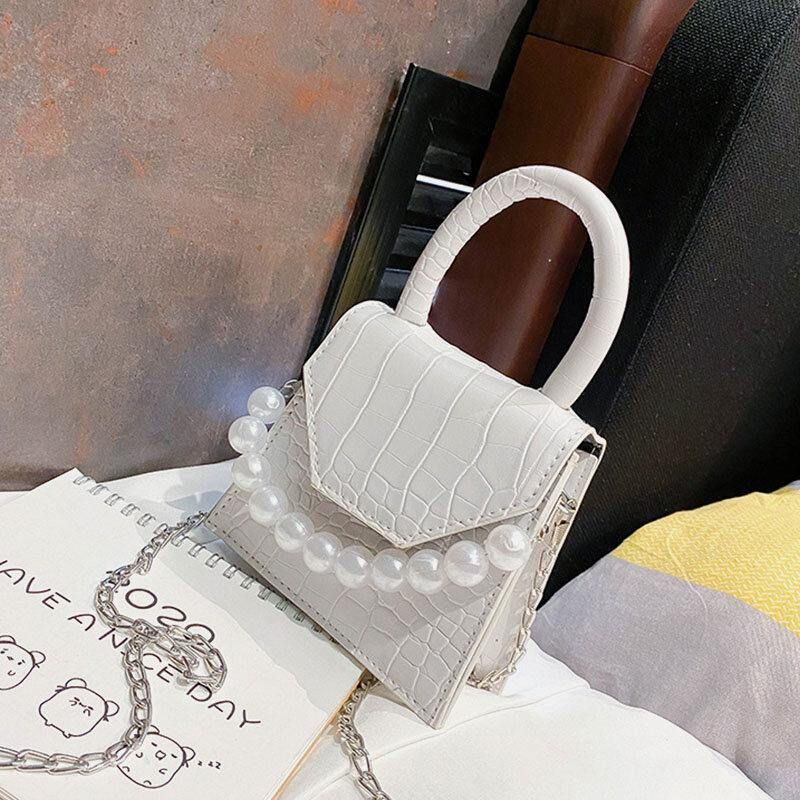 Kobiety Pearls Chain Decor Flap Wytłaczany Wzór Węża Mini Torebka Crossbody Bag Torba Na Ramię