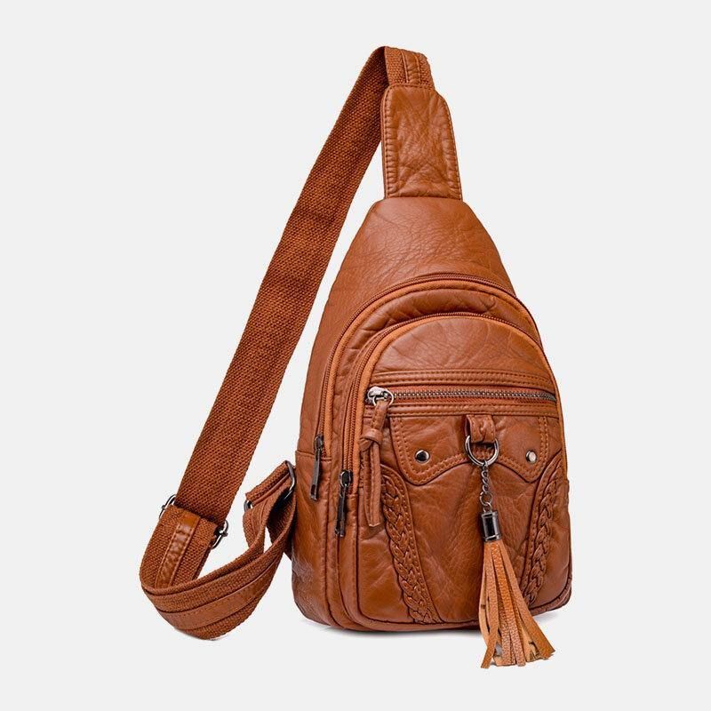 Kobiety Pu Leather Tassel Duża Pojemność Otwór Na Słuchawki Anti-Theft Crossbody Torby Torba Na Ramię Torba Na Klatkę Piersiową