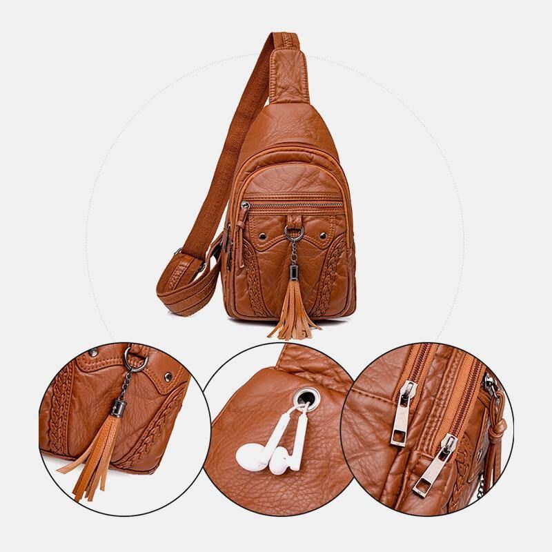 Kobiety Pu Leather Tassel Duża Pojemność Otwór Na Słuchawki Anti-Theft Crossbody Torby Torba Na Ramię Torba Na Klatkę Piersiową