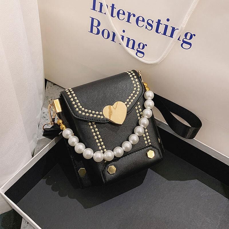 Kobiety Pu Skóra W Kształcie Serca Hasp Pearl Chain Torebka Torba Na Ramię Crossbody Torby