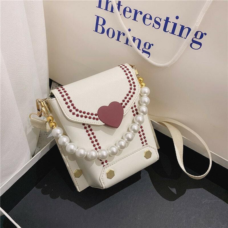 Kobiety Pu Skóra W Kształcie Serca Hasp Pearl Chain Torebka Torba Na Ramię Crossbody Torby