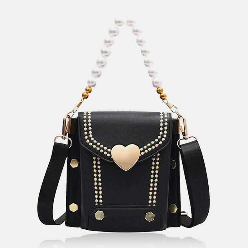 Kobiety Pu Skóra W Kształcie Serca Hasp Pearl Chain Torebka Torba Na Ramię Crossbody Torby