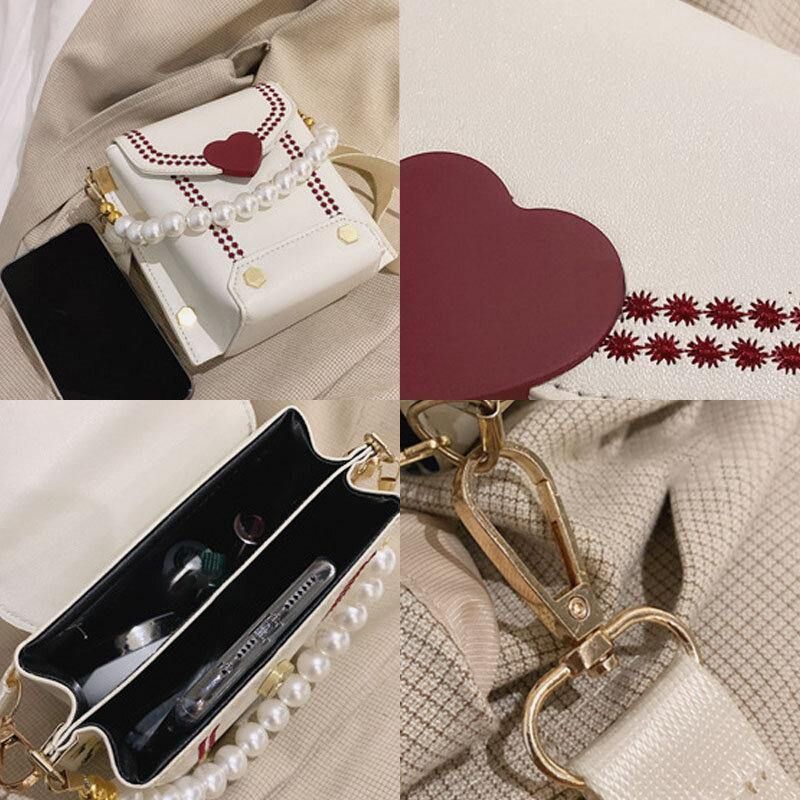 Kobiety Pu Skóra W Kształcie Serca Hasp Pearl Chain Torebka Torba Na Ramię Crossbody Torby