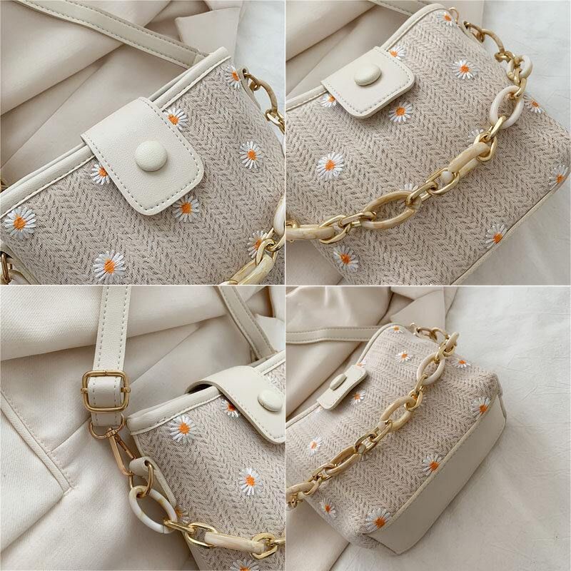 Kobiety Słoma Koronka Daisy Wzór Słonecznika Łańcuchy Z Nadrukiem Hasp Torba Crossbody Torba Na Ramię Torebka