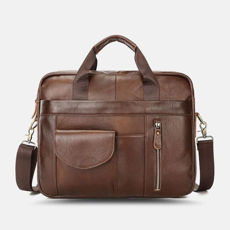 Męska Skórzana Torba Z Wieloma Kieszeniami Vintage 14-Calowa Torba Na Laptopa Teczki Torba Crossbody Torba Na Ramię Torebka