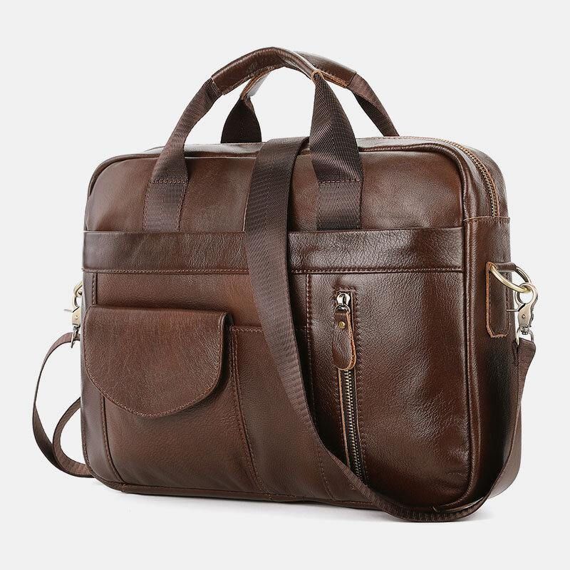 Męska Skórzana Torba Z Wieloma Kieszeniami Vintage 14-Calowa Torba Na Laptopa Teczki Torba Crossbody Torba Na Ramię Torebka