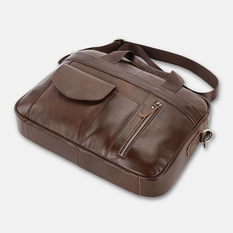 Męska Skórzana Torba Z Wieloma Kieszeniami Vintage 14-Calowa Torba Na Laptopa Teczki Torba Crossbody Torba Na Ramię Torebka