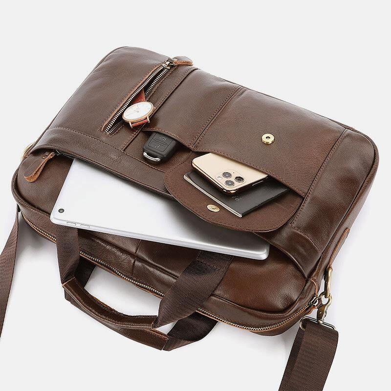 Męska Skórzana Torba Z Wieloma Kieszeniami Vintage 14-Calowa Torba Na Laptopa Teczki Torba Crossbody Torba Na Ramię Torebka