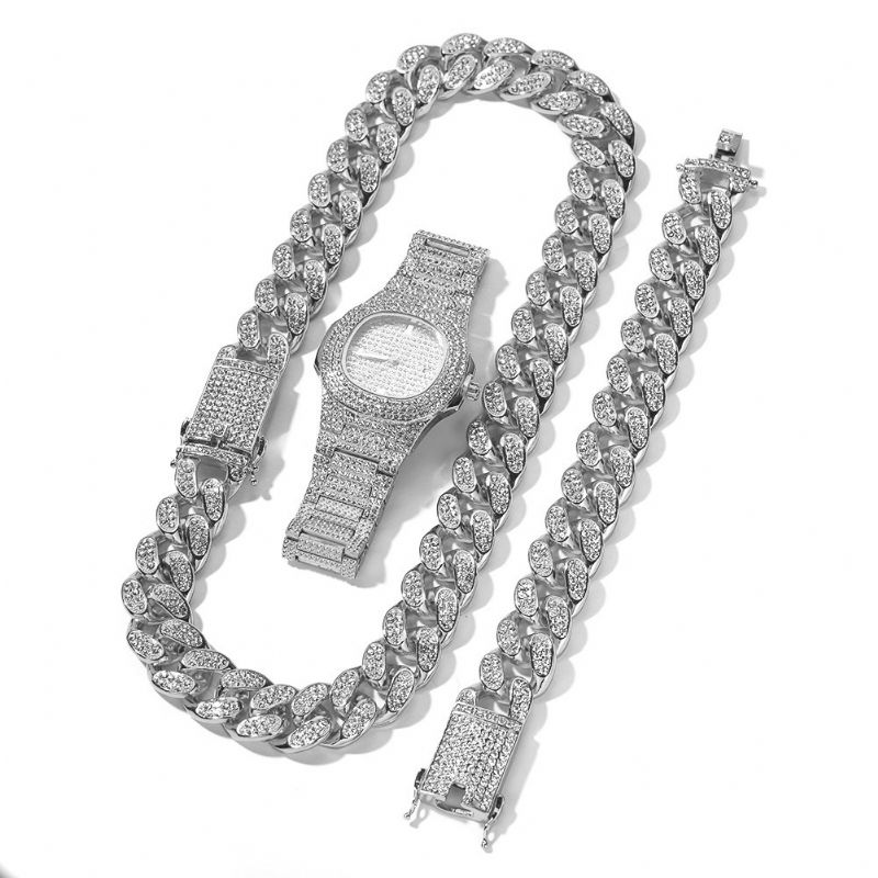 1/3 Szt. Luksusowe Inkrustowane Dżetów Męskie Zegarek Set Hip Hop Chain Necklace Bransoletka