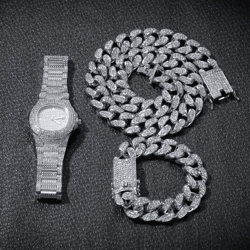 1/3 Szt. Luksusowe Inkrustowane Dżetów Męskie Zegarek Set Hip Hop Chain Necklace Bransoletka