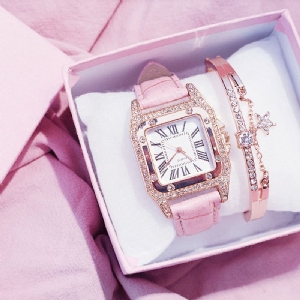 2 Sztuk/Zestaw Zestaw Zegarków Damskich Kwadratowy Bling Rhinestone Dial Skórzany Pasek Zegarek Kwarcowy Gwiazda Wisiorek Bransoletka Biżuteria Prezent Dla Dziewczyny