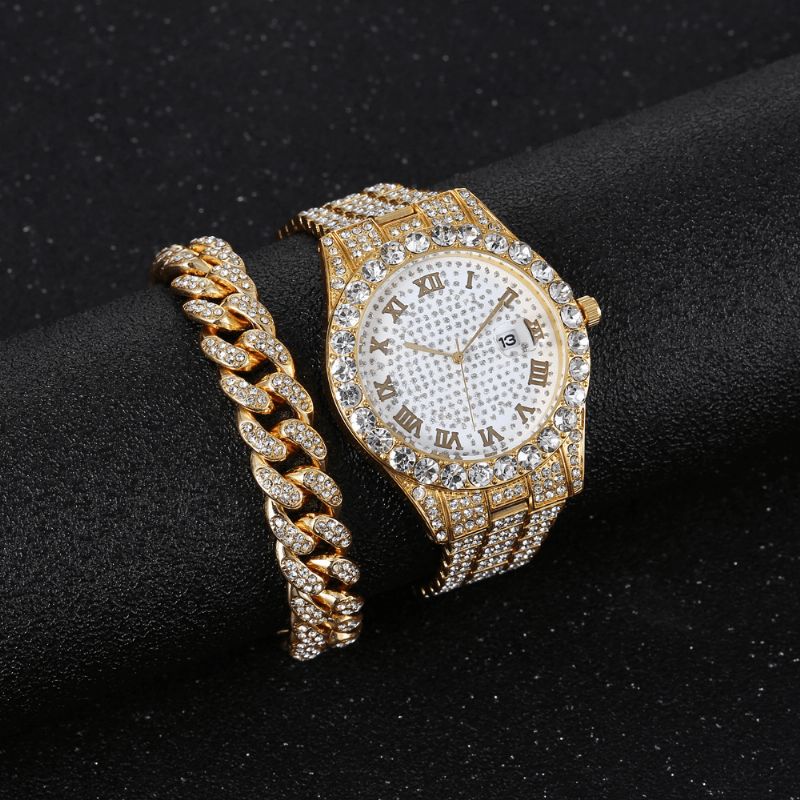 Alloy Hip Hop Luxury 2 Pcs Hip-Hop Chain Full Diamond Zegarek Bransoletka Lady Quartz Watch