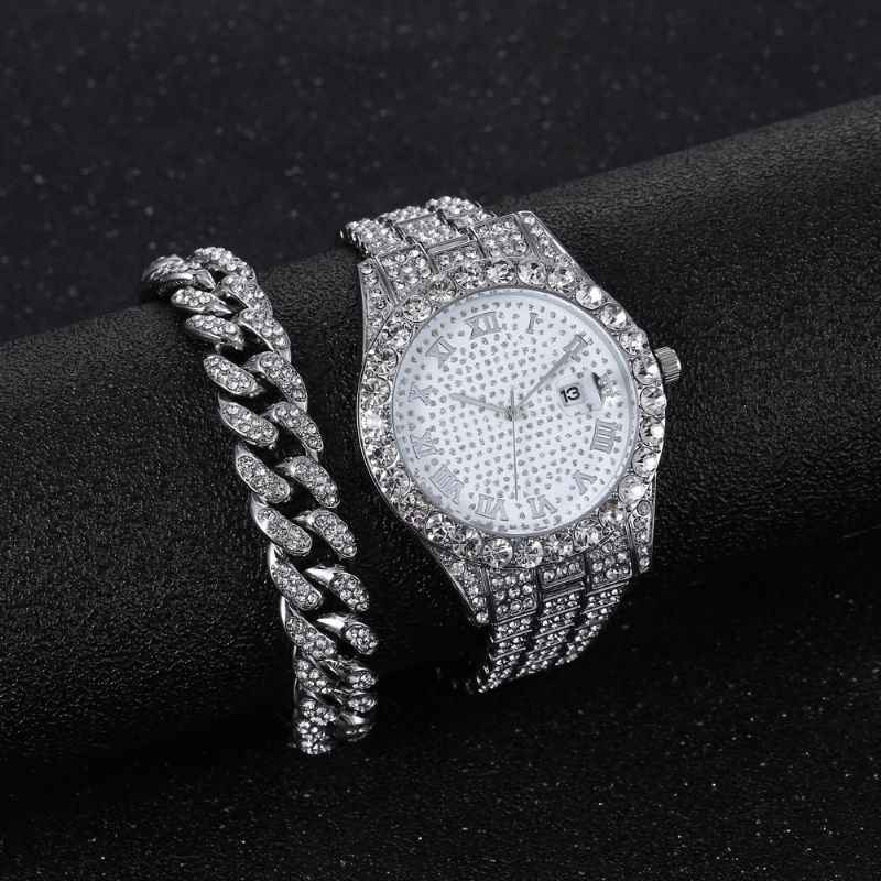 Alloy Hip Hop Luxury 2 Pcs Hip-Hop Chain Full Diamond Zegarek Bransoletka Lady Quartz Watch