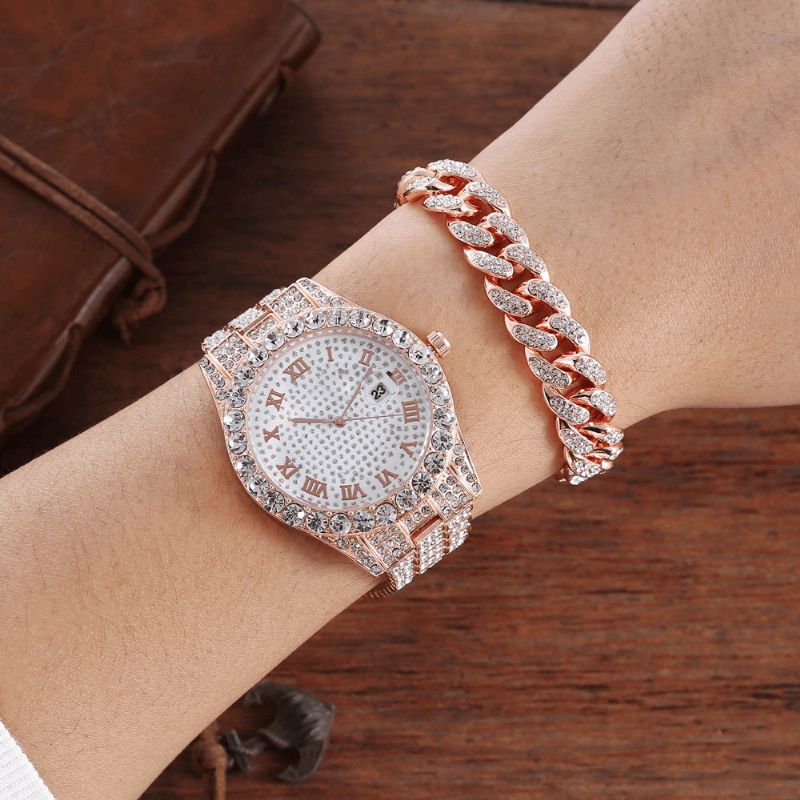 Alloy Hip Hop Luxury 2 Pcs Hip-Hop Chain Full Diamond Zegarek Bransoletka Lady Quartz Watch