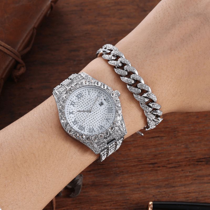 Alloy Hip Hop Luxury 2 Pcs Hip-Hop Chain Full Diamond Zegarek Bransoletka Lady Quartz Watch