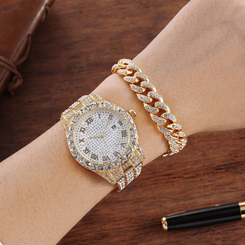 Alloy Hip Hop Luxury 2 Pcs Hip-Hop Chain Full Diamond Zegarek Bransoletka Lady Quartz Watch