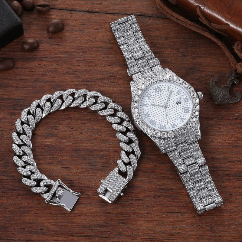 Alloy Hip Hop Luxury 2 Pcs Hip-Hop Chain Full Diamond Zegarek Bransoletka Lady Quartz Watch