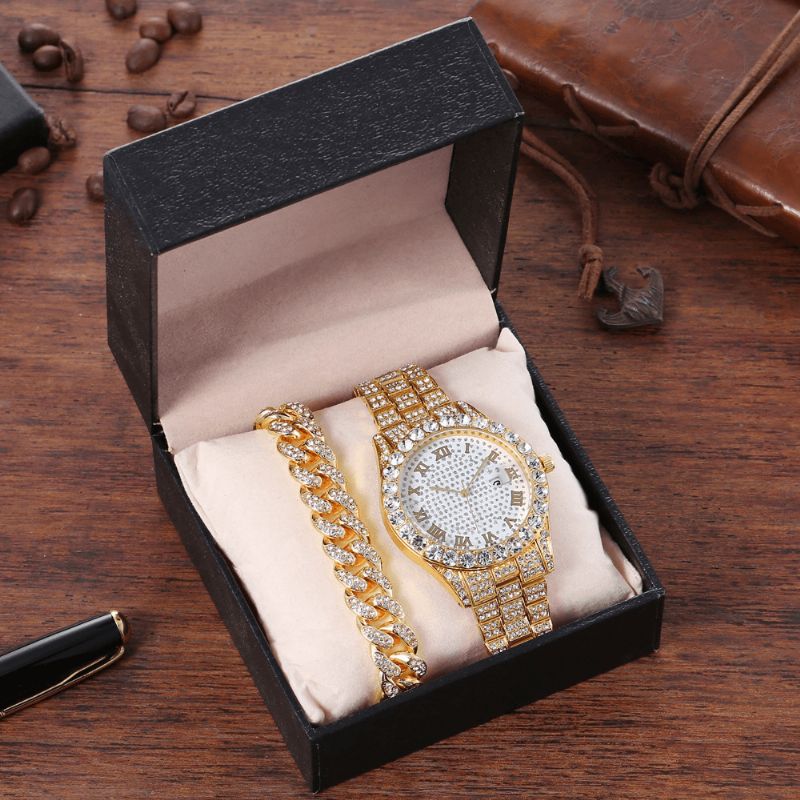 Alloy Hip Hop Luxury 2 Pcs Hip-Hop Chain Full Diamond Zegarek Bransoletka Lady Quartz Watch