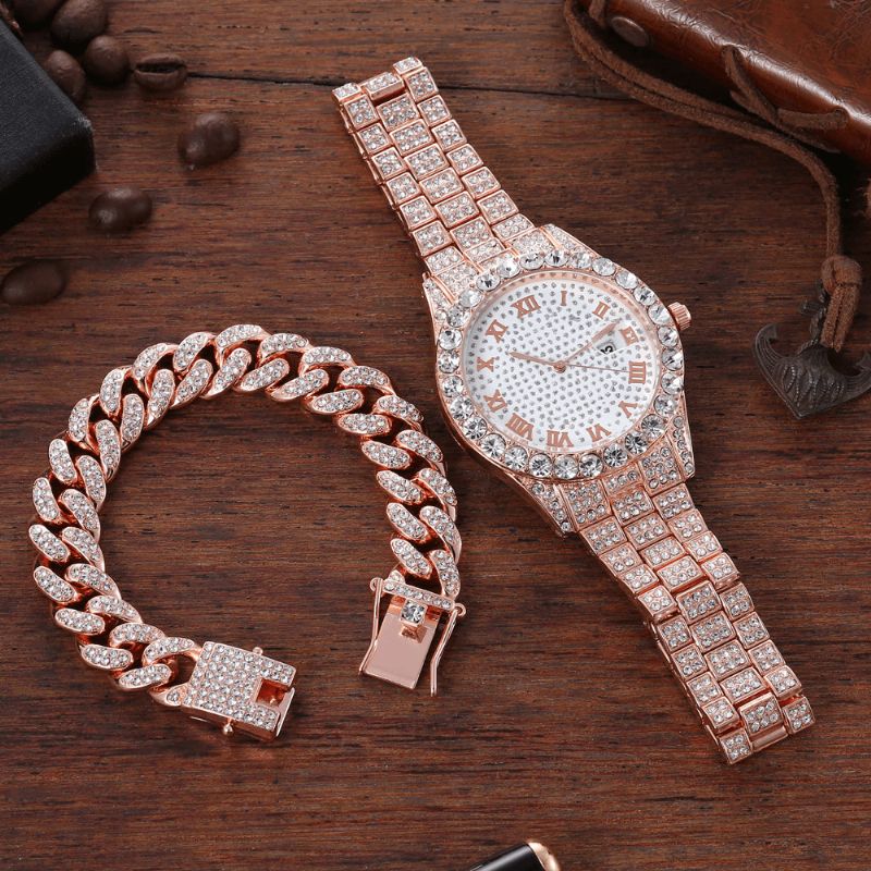 Alloy Hip Hop Luxury 2 Pcs Hip-Hop Chain Full Diamond Zegarek Bransoletka Lady Quartz Watch