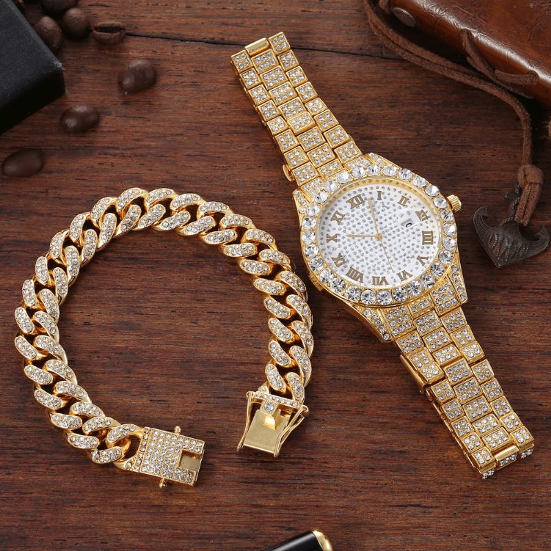 Alloy Hip Hop Luxury 2 Pcs Hip-Hop Chain Full Diamond Zegarek Bransoletka Lady Quartz Watch