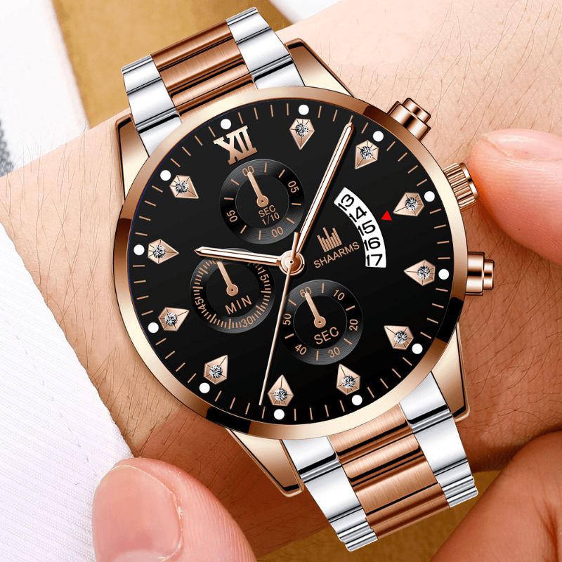 Business Codzienne Z Kalendarzem Inkrustowanym Dżetów Dial Steel Strap Męskie Quartz Watch