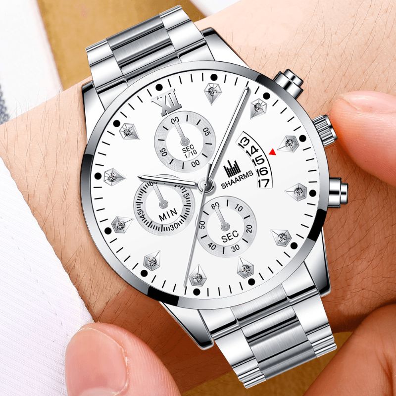 Business Codzienne Z Kalendarzem Inkrustowanym Dżetów Dial Steel Strap Męskie Quartz Watch