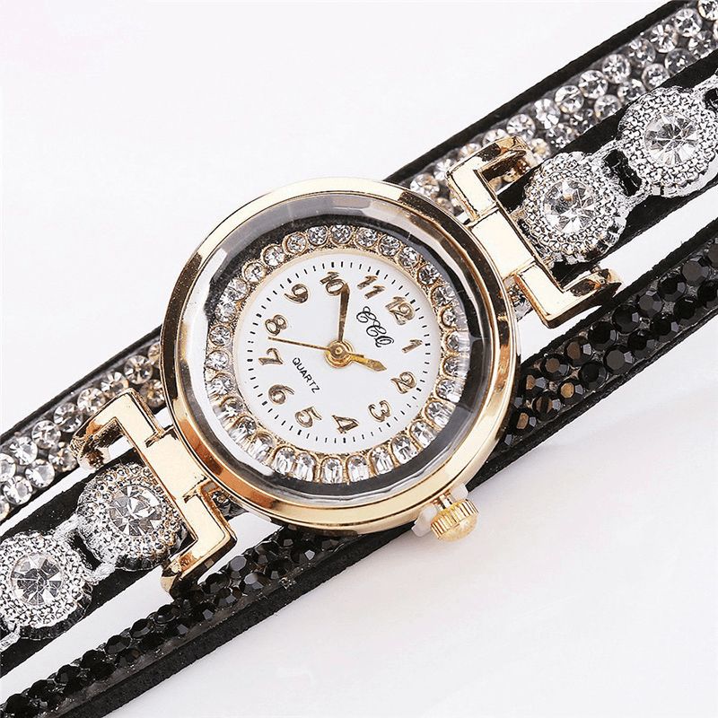 CCq Moda Luxury Rhinestone Pu Leather Band Damskie Quartz Bransoletka Watch