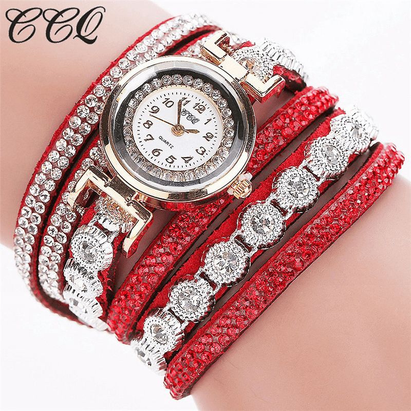 CCq Moda Luxury Rhinestone Pu Leather Band Damskie Quartz Bransoletka Watch