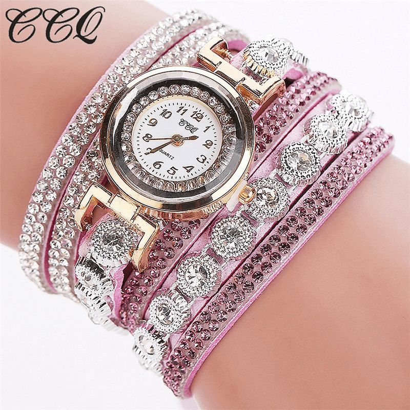 CCq Moda Luxury Rhinestone Pu Leather Band Damskie Quartz Bransoletka Watch