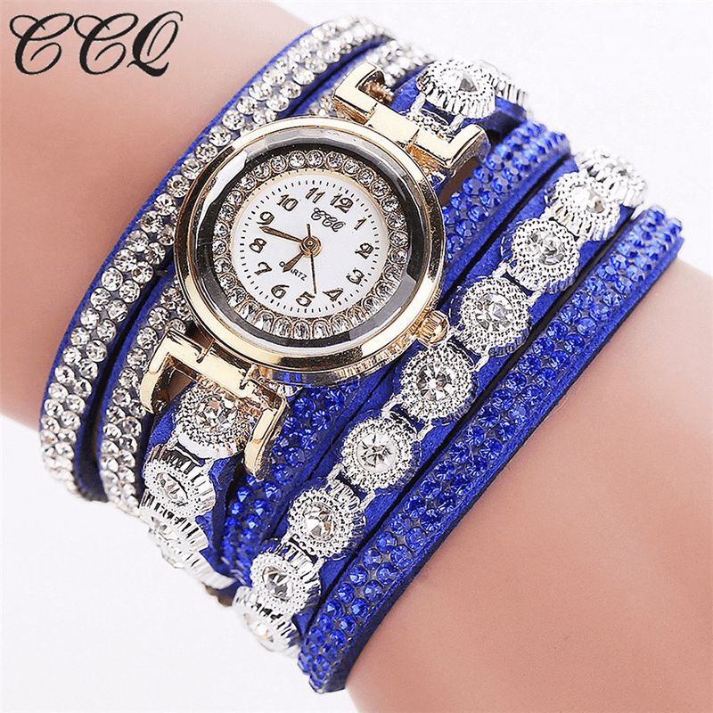 CCq Moda Luxury Rhinestone Pu Leather Band Damskie Quartz Bransoletka Watch