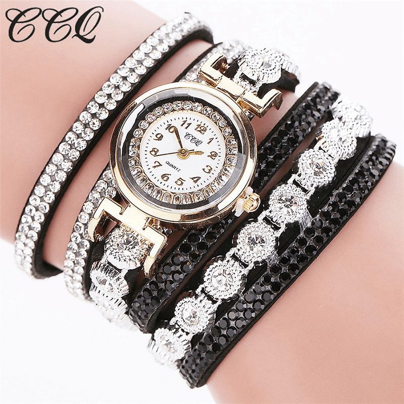 CCq Moda Luxury Rhinestone Pu Leather Band Damskie Quartz Bransoletka Watch