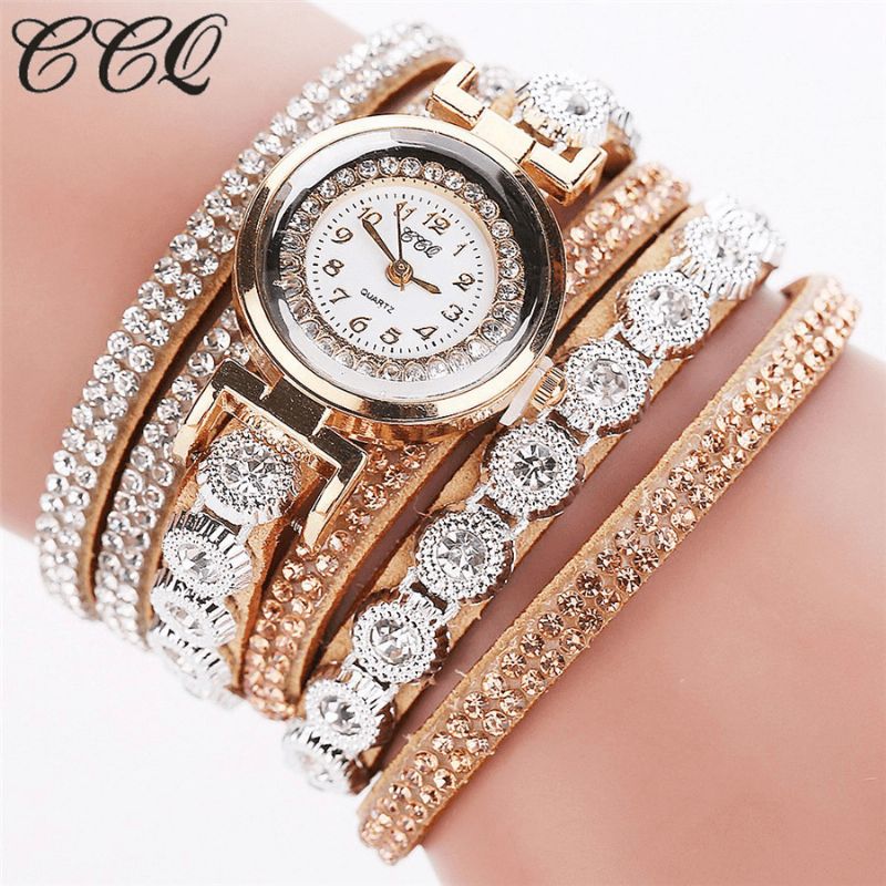 CCq Moda Luxury Rhinestone Pu Leather Band Damskie Quartz Bransoletka Watch