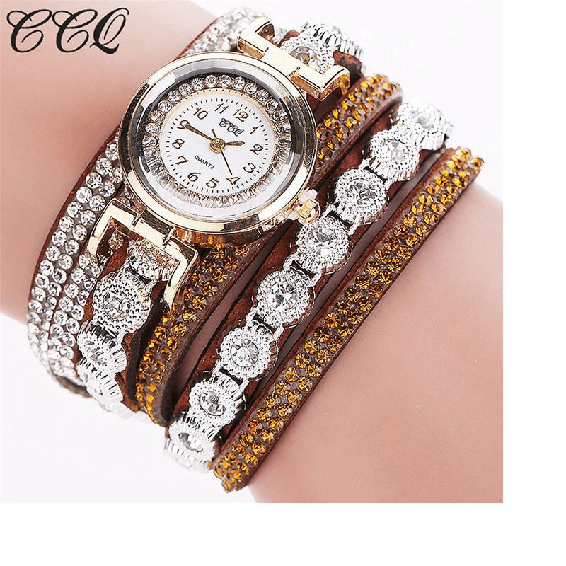 CCq Moda Luxury Rhinestone Pu Leather Band Damskie Quartz Bransoletka Watch