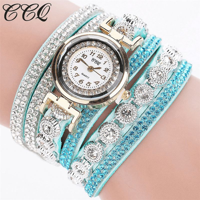 CCq Moda Luxury Rhinestone Pu Leather Band Damskie Quartz Bransoletka Watch